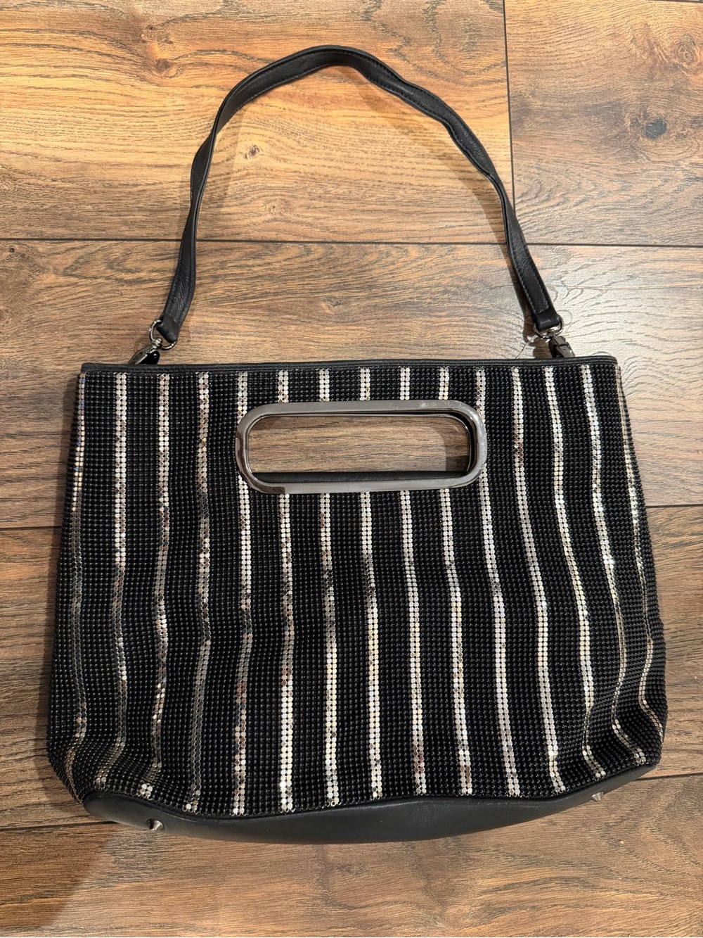 Whiting & Davis Black and White Striped Shoulder Bag with Cutout Handle